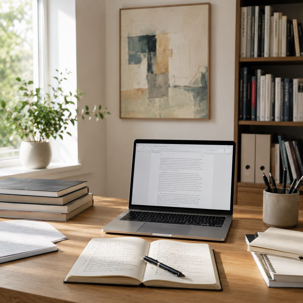 wissenschaftliches-Arbeiten ein Schreibtisch mit Notizen, einem Notebook und Büchern